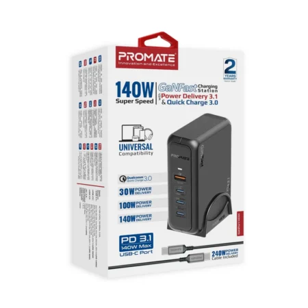 Promate, GaNPort-140W, 140W Super-Speed GaNFast™ Charging Station
